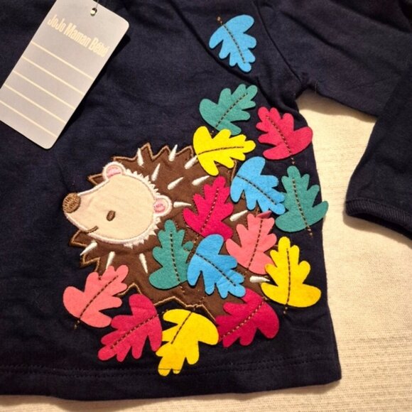 Jojo Maman Bébé girls size 6 -12 months navy hedgehog with leaves shirt, nwt - Picture 2 of 6